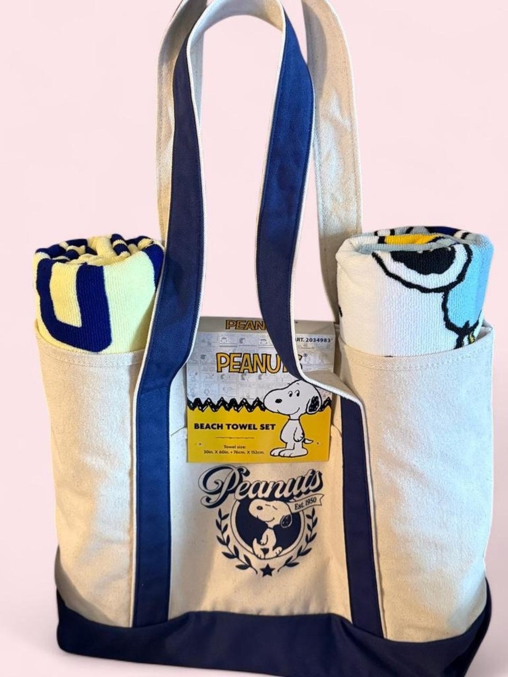Peanuts Snoopy Graphic Canvas Blue Tote & Beach towel set - Blue & Cream